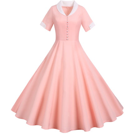 Cross-border Foreign Trade Retro Hepburn Style European and American Summer New Short-sleeved Suit Collar Solid Color Casual Large dress
