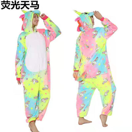 Cartoon One-Piece Cross-Border New Flannel Autumn and Winter Pajamas Animal Luminous Pegasus Dinosaur Couple Pajamas Home Clothes