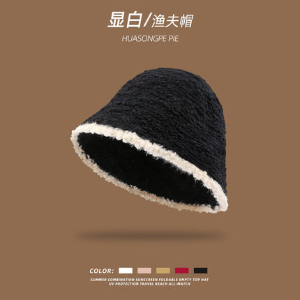 Color-Blocked Bucket Hat for Women, Trendy Knitted Hat, Spring and Autumn Korean Style, Versatile, Face-Slimming, Face-Covering Fisherman Hat