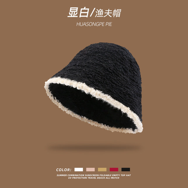 Color-Blocked Bucket Hat for Women, Trendy Knitted Hat, Spring and Autumn Korean Style, Versatile, Face-Slimming, Face-Covering Fisherman Hat
