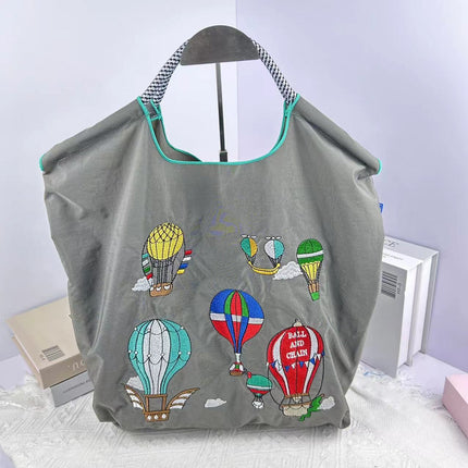 High-Quality Japanese-Style Ball Chain Eco-Friendly Shopping Bag Nylon Fabric Embroidered Floral Tote Nylon Canvas Bag