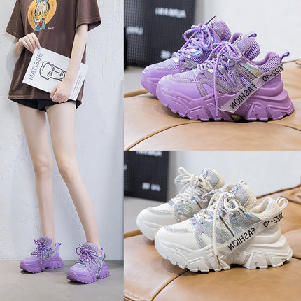2026 Spring and Autumn Style Dad Shoes, Internet Celebrity Rhinestone Breathable Genuine Leather Shoes for Petite People, Popular Purple Thick-Soled Sports Shoes, Trendy on Instagram