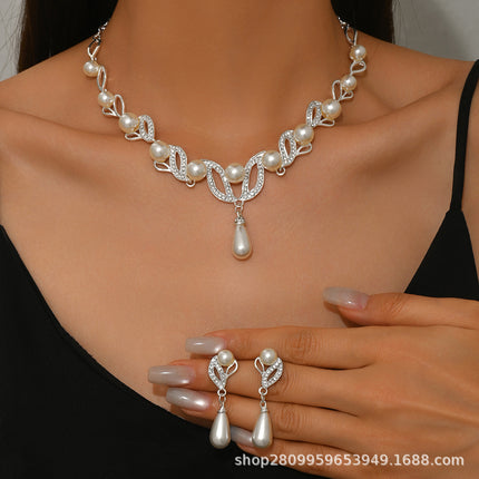 Cross Border Hot Sale Fashion OL Pearl Necklace Earrings suit Women Fashion Alloy Drop Shape Bridal Dress Accessories 24