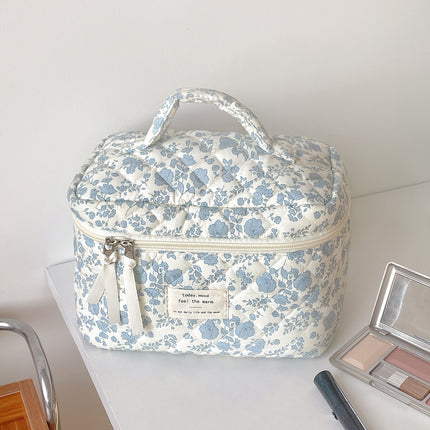 Blue Begonia Flower Cosmetic Bag Retro Student High-value Wash Bag Outgoing Portable Travel Storage Bag Octagon Bag