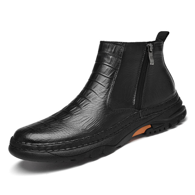 Men's Shoe Top Layer Cowhide Short Boots Business Leather Boots Outdoor Casual Autumn and Winter High Top Zipper Set Foot Crocodile Cotton Boots