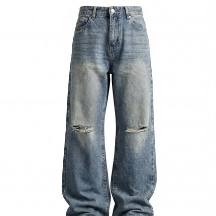 Rdt Men's Clothing | Distressed Washed Destroyed American Knife-Cut Wide-Leg Cleanfit Bootcut Jeans Heavy Wash