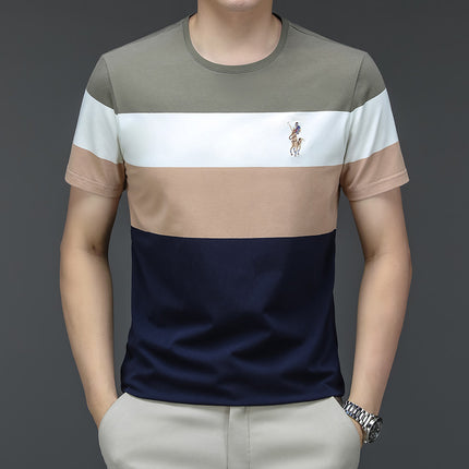 Mingdi Mouse Men's Summer New Pure Cotton T-Shirt Round Neck Stripesd Business Casual Short-Sleeved Young and Middle-Aged Men's T-Shirt