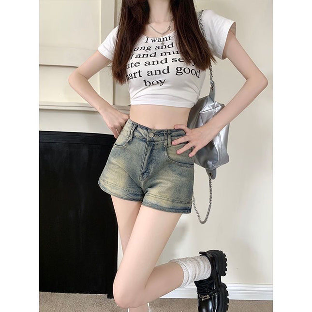 Hot Girl Petite American Denim Shorts Women's High-Waisted Washed Summer Design New Retro Hot Pants Slimming Pants