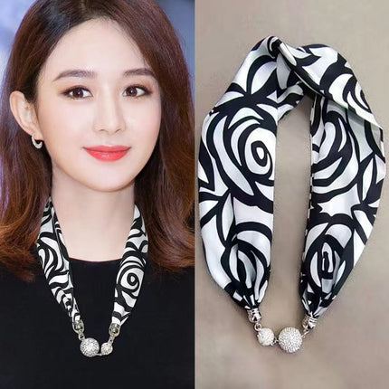 2026 New Magnetic Buckle Small Silk Scarf with Geometric Patterns and Rhinestones, Magnetic Necklace Scarf, Women's Hairband Scarf