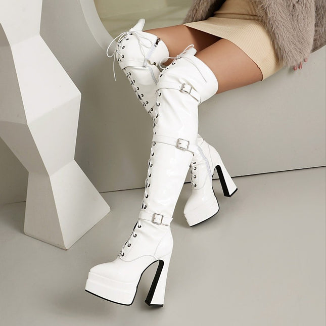 Over-The-Knee Boots Waterproof Platform Women's Black 2024 Buckle Strapless Stiletto Heels Returnable European and American Round Toe New Adult