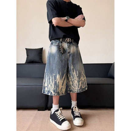 American High Street Lightning Pattern Shorts Men's Trendy Brand Design Handsome Cropped Pants Retro Washed Hip-Hop Style Jeans