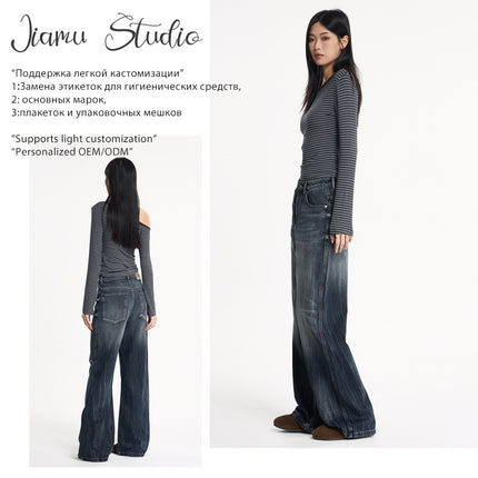 Jiamu Flame Pattern American High Street Baggy Jeans Wide-Leg Jeans for Men and Women with Slight Straight Legs, Neutral and Slimming Look