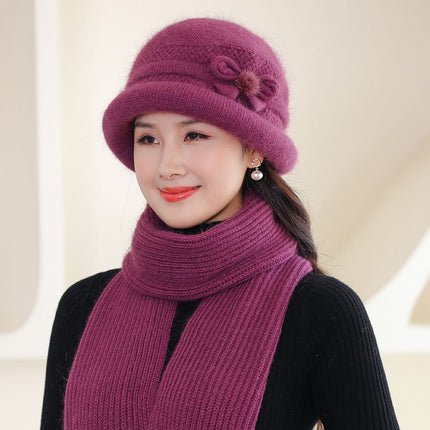 Velvet Warm Knitted Rabbit Fur Hat for Women Autumn and Winter Cold-Proof Gloves Scarf Basin Hat K-Style Trendy Middle-Aged and Elderly People