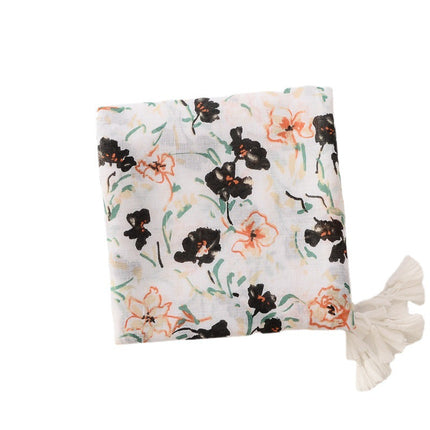 Ethnic Style Simple Elegant Artistic Ink Painting Flower Soft Beach Towel Cotton Linen Hand Scarf Air-Conditioned Room Decorative Shawl