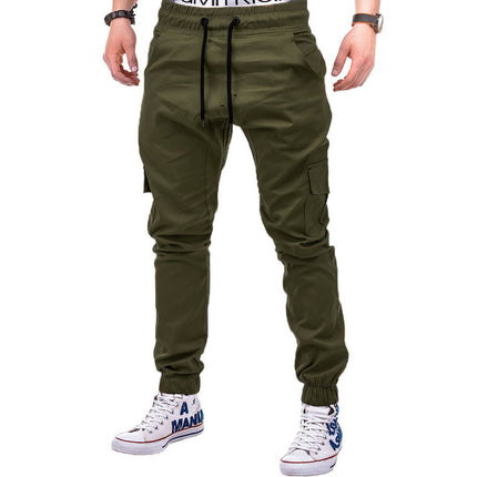 Cross-Border New European Size Men's Fashion Solid Color Side Pocket Drawstring Waistband Casual Jogger Pants New Military Green