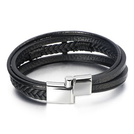 Cross-Border Hot Selling European and American Cross Leather Bracelet Men's Multi-Layer Hand-Woven Rope Magnet Buckle Genuine Leather Bracelet