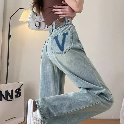 Light Color Straight Leg Jeans Women's 2024 Summer Fashionable High Waist Slimming plus size Loose Wide Leg Pants