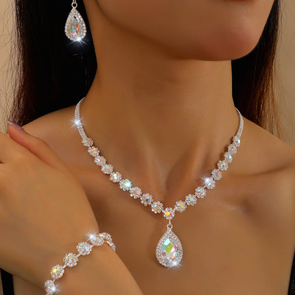 Cross-border Jewelry Explosions Necklace Earrings Bracelet Three-piece Set Full Diamond Flower Bride Jewelry suit Dress Accessories Women