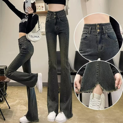 Women's Flared Pants 2025 Spring High-Waisted Tummy-Concealing Slightly Chubby Front Slit Tassel Flared Denim Floor-Length Pants