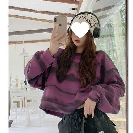 South Korea's Dongdaemun Tie-Dye Stripesd Printed Short Sweatshirt for Women Autumn 2024 New Loose High-Waisted Round Neck Top