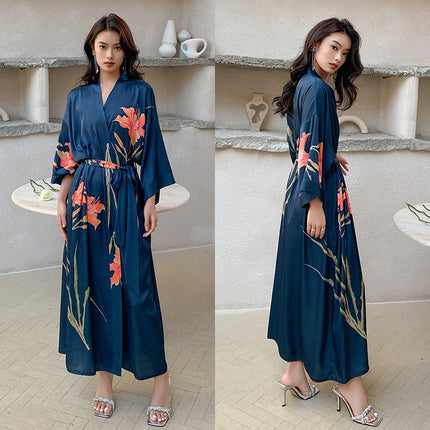 Yaoting New Style Satin Pajamas Women's Summer Large Size Light Luxury Seven-point Sleeve Cool Nightgown Bathrobe Home Clothes Women's WP2669