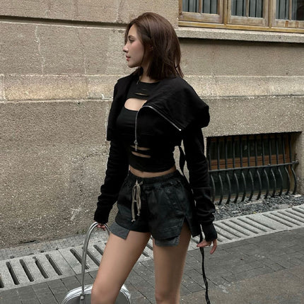 Subhuman | Dark Style Mainline Black Shorts with Elastic Waistband and Drawstring, Slimming Wax Finish, Versatile and Slimming.