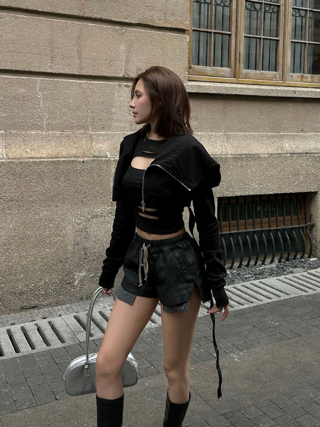 Subhuman | Dark Style Mainline Black Shorts with Elastic Waistband and Drawstring, Slimming Wax Finish, Versatile and Slimming.