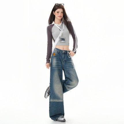 American Retro Washed Distressed Wide-Leg Jeans for Women Summer New High-Waisted Loose Versatile Fashion Straight Pants