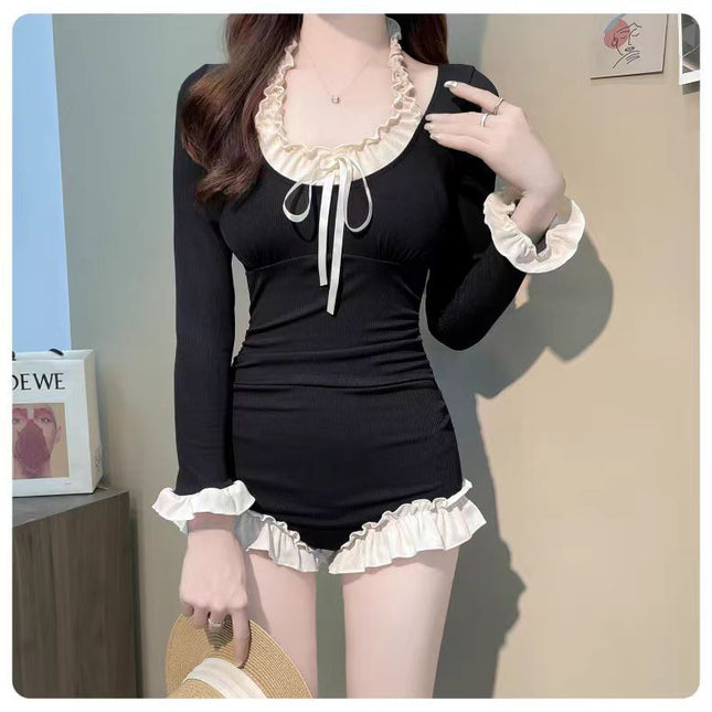Long-Sleeved Sun Protection Swimsuit for Women, High-End, Belly-Covering, Slimming Look, One-Piece, Sexy Internet Celebrity, Pure Desire, Seaside Vacation, Hot Spring Bathing
