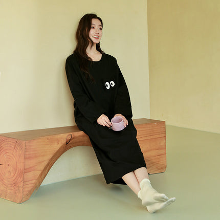 Women's Pure Cotton Long-Sleeved Nightgown, High-End, Black, Large Size, Can Be Worn Outside, Spring and Autumn, Women's Nightgown with Breast Pads