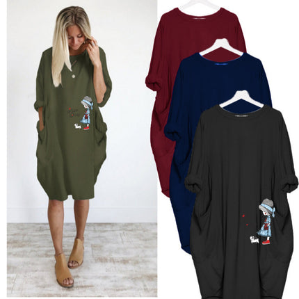 Factory direct sale wish AliExpress foreign trade women's casual loose pocket long sleeve plus size fat sister dress