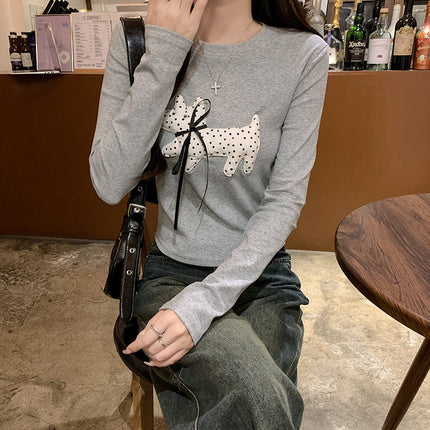 Pure Cotton Three-dimensional Dog Decorative Long-sleeved T-shirt Women's Early Autumn New Slim-fit Bow Round Neck Top