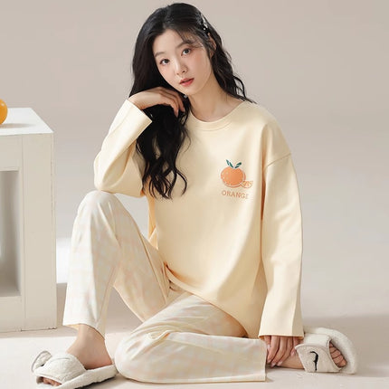 Cute Style Pajamas Women's Spring and Autumn New Cotton Round Neck Long Sleeve Trousers Korean Style Girl's Student Home Clothes suit