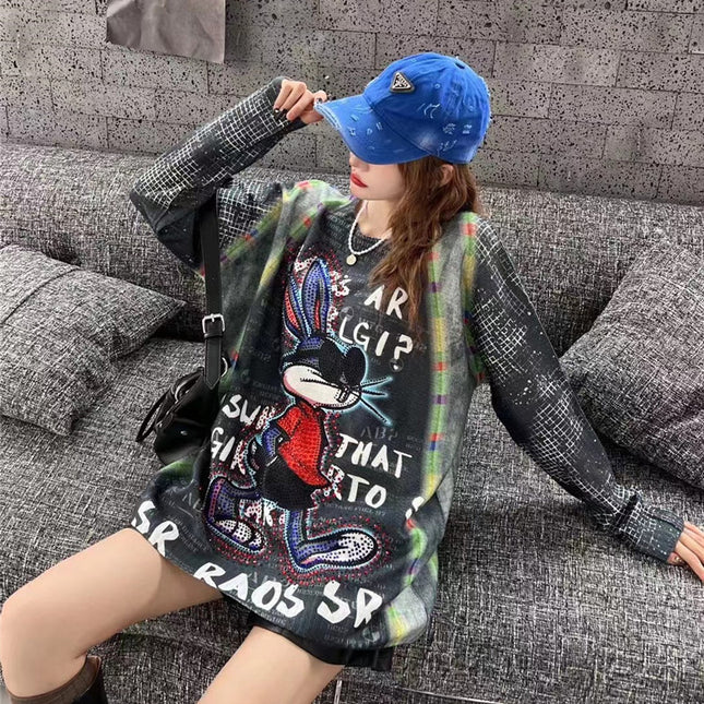 American Long-sleeved Knitted Shirt Women's T-shirt Trendy Brand New Sweater Women's Loose Slim Look Fashionable Top Hot Diamond Round Neck T-shirt