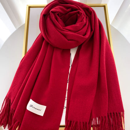 Solid Color Faux Cashmere Scarf for Women, Annual Meeting Red, High-End Feel, Spring and Autumn Woven Neck Scarf, Korean Style Versatile Artistic Warm Shawl