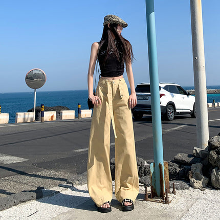 Vintage Belt Wide Leg Jeans Women's 2025 Summer New Style Straight Loose High Waist Dosing Slim-fit Mop Pants