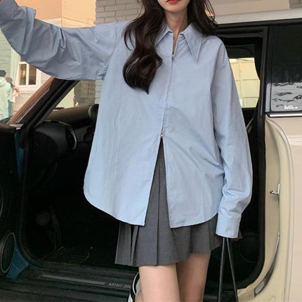 Shirt Women's Design Back Slit Spring Korean Style 2024 New Outer Wear Loose and Chic Long-sleeved Zipper Top