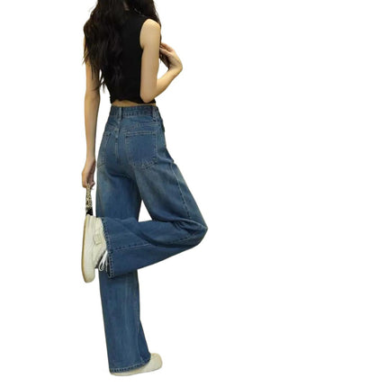 Women's Autumn New Faux Two-Piece Jeans, Slimming High-Waisted Pants, New Stylish Versatile Straight-Leg