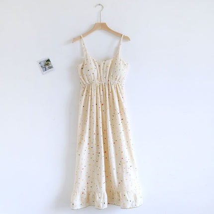 Summer Bra-free Cotton Crepe Chest Pad Sling Thin Nightgown Women's Double-layer Gauze Exterior Wear
