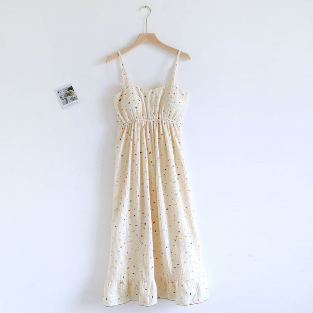 Summer Bra-free Cotton Crepe Chest Pad Sling Thin Nightgown Women's Double-layer Gauze Exterior Wear