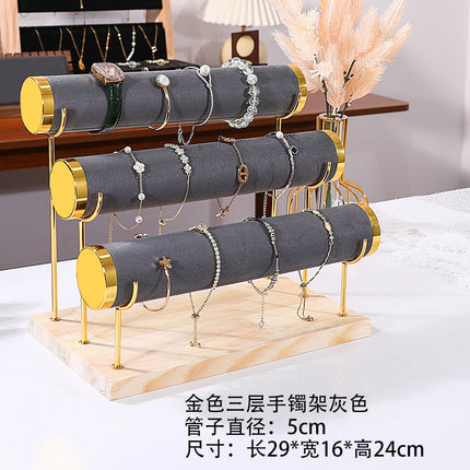 Jewelry Display Stand Golden Solid Wood Three-Layer Watch Bracelet Bracelet Rack Counter Jewelry Props Storage