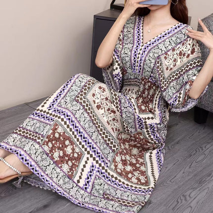 Cross-border ethnic style V-neck cotton silk short-sleeved beach skirt Thailand travel dress summer printed holiday floral skirt