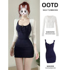 Navy blue lace-up u-neck dress [skirt] / M