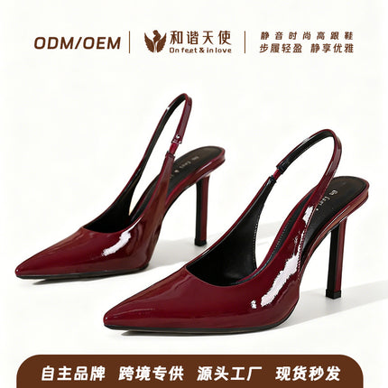 Summer New Simple Black Patent Leather Toe-Cap Sandals for Women, Pointed Toe, Fashionable and Versatile, Simple Back Hollow Casual High Heels