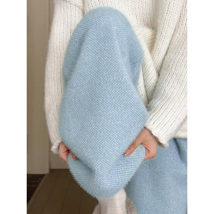 Blue Knitted Wide-Leg Pants for Women, Spring and Autumn 2025 New Style, High-Waisted Casual Straight Narrow Version, Mink Fur Fleece-Lined Glutinous Rice Pants