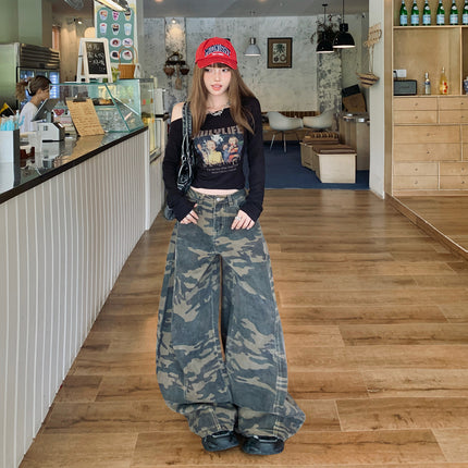 American High Street Camouflage Scimitar Wide-Leg Pants for Women 2025 Autumn and Winter New Loose High-Waist Slim Floor-Length Jeans