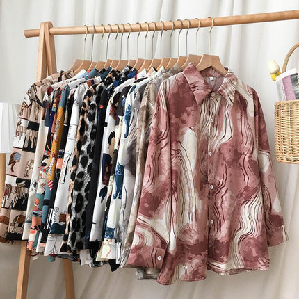 Personalized Printing ~ Retro Elegant Niche Hong Kong Style Long-Sleeved Shirt for Women Spring & Fall New Loose Casual Lapel Shirt
