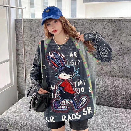 American Long-sleeved Knitted Shirt Women's T-shirt Trendy Brand New Sweater Women's Loose Slim Look Fashionable Top Hot Diamond Round Neck T-shirt