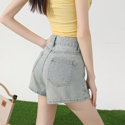 2025 Denim Shorts Women's Summer Loose Niche Design High-Waisted A-Line Workwear Multi-Flap Pocket Pants Women's Super Shorts