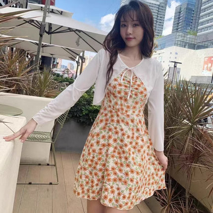 Korean Style Lace Sling dress Women's Summer New Fresh Flower Print Slim-fit Over-the-knee Long Dress